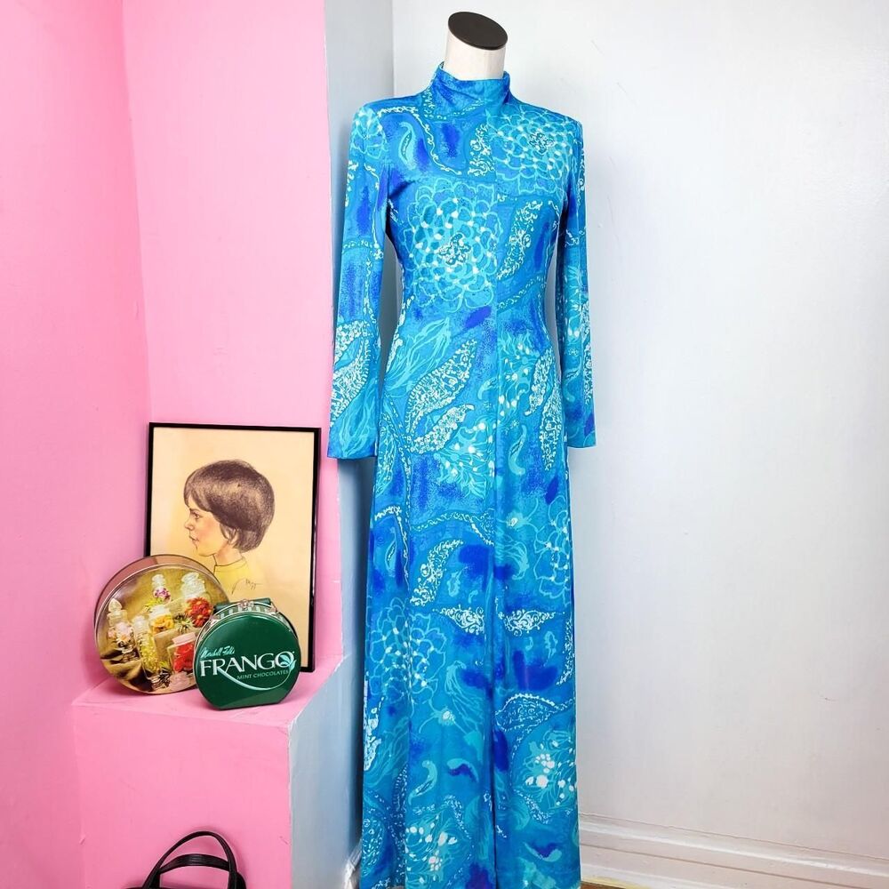 Vintage 60s/70s Bloomingdale's Blue Floral Maxi Dress